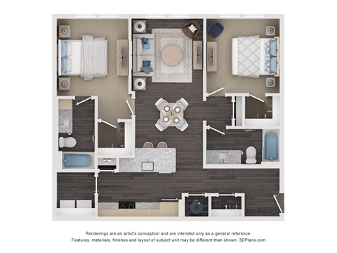 Floor plan for 2 beds, 2 baths, 1018 sqft